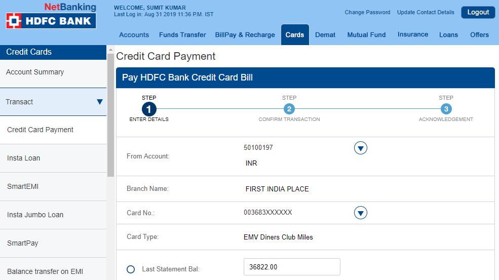 Hdfc Credit Card Payment Through Neft Net Banking Billdesk 27