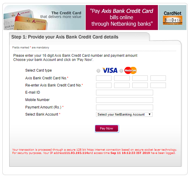Axis Bank credit card BillDesk payment