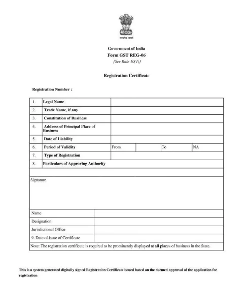 GST Registration Certificate (form GST REG-06)