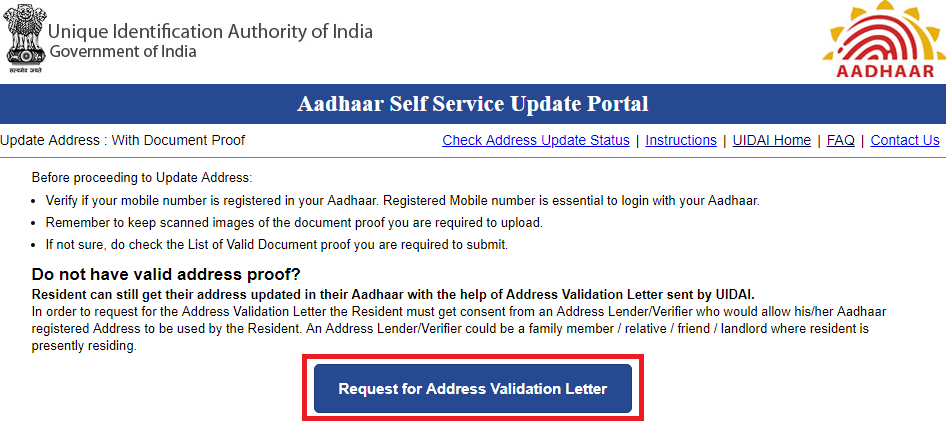 update Aadhaar using Validation Letter step 2