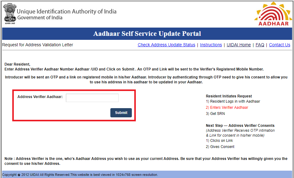 Aadhaar Address update using Validation Letter c