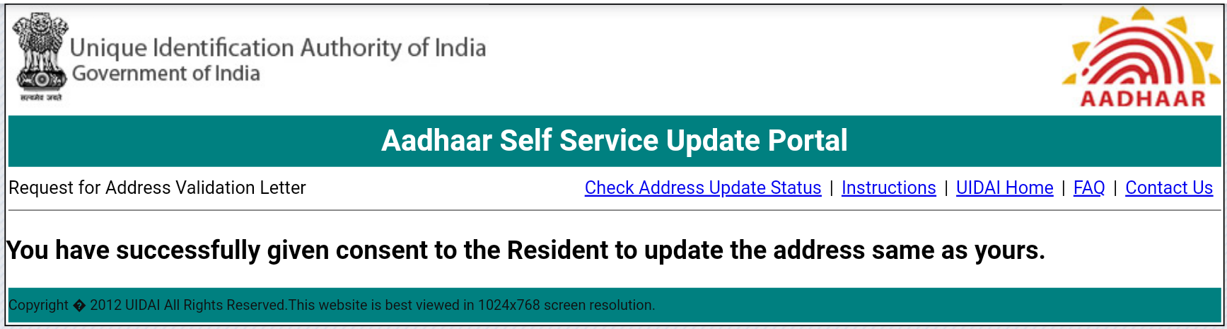 Aadhaar Address update using Validation Letter f