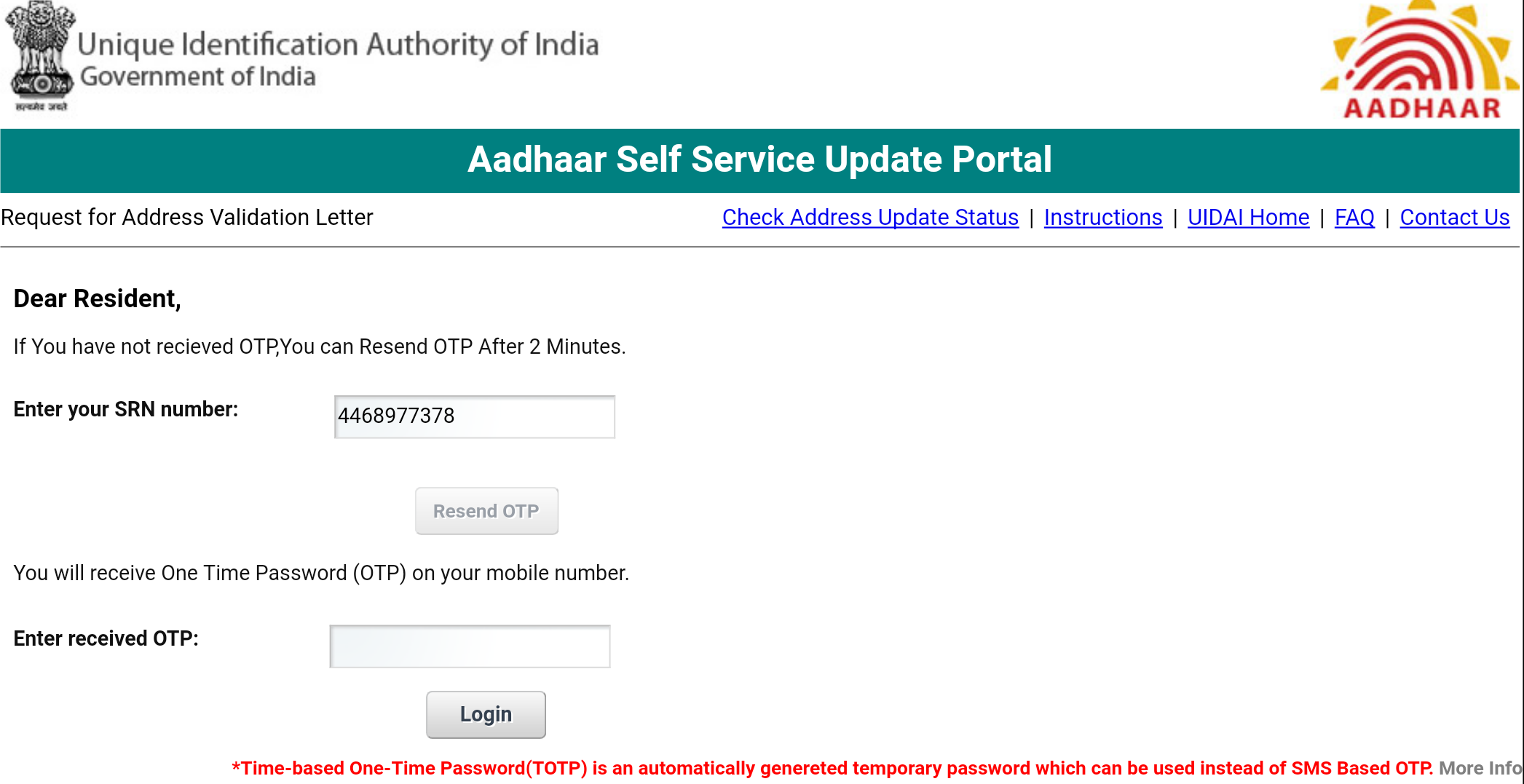 Aadhaar Address update using Validation Letter g