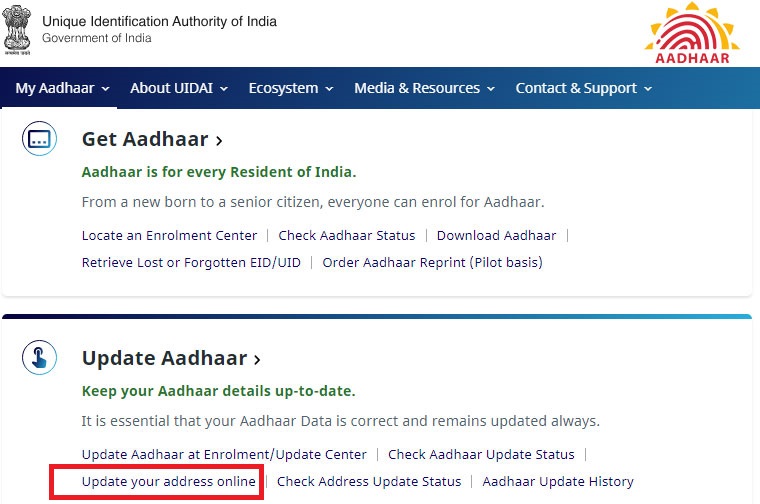 UIDAI Portal Website update address in Aadhaar card