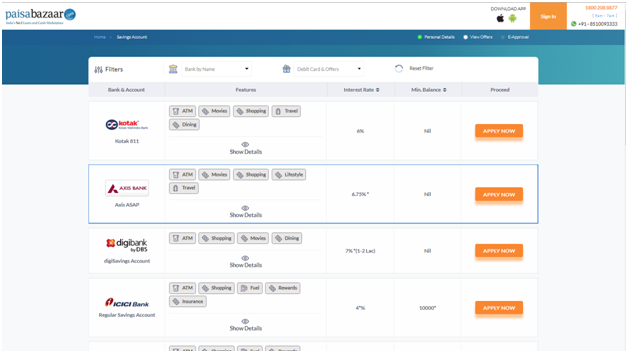 savings account offer list