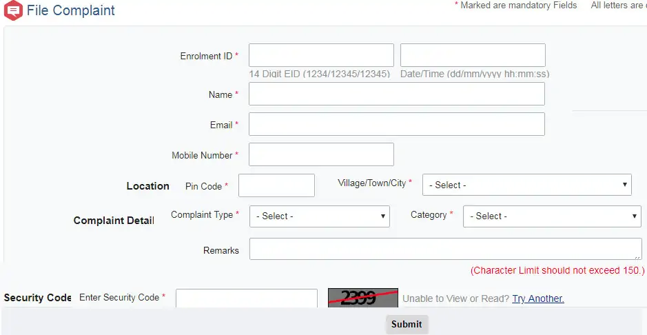 Aadhaar Complaint form