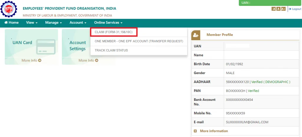 EPF portal online services