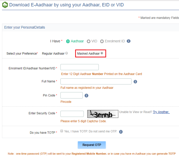select masked aadhar option