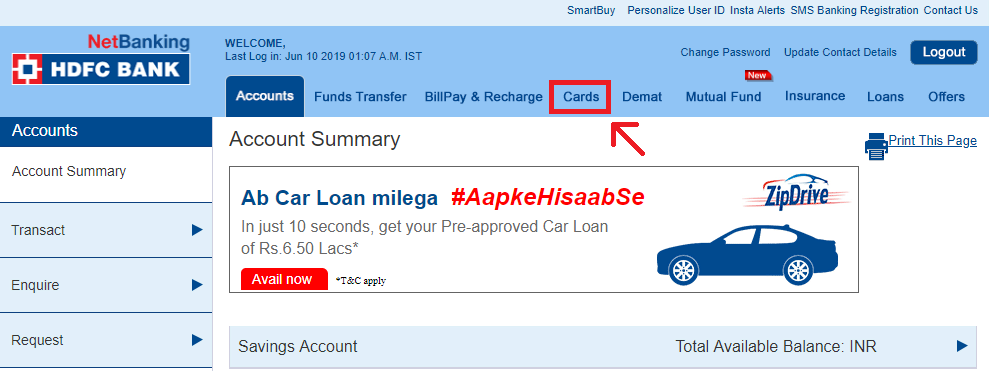 1-HDFC netbanking credit card bill payment