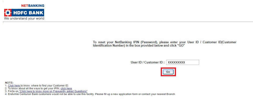 2- HDFC Netbanking Enter Customer ID