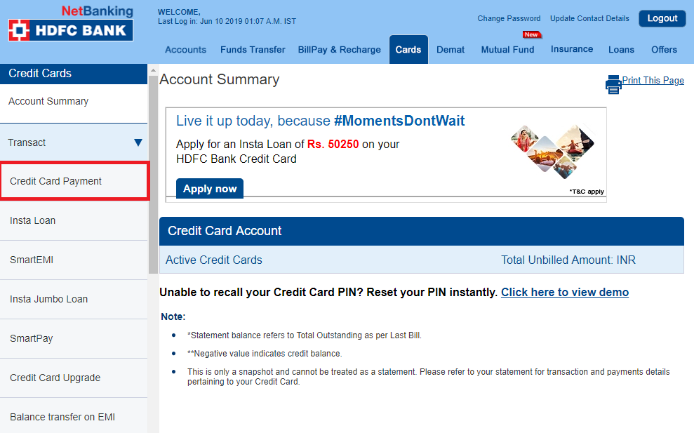 2-HDFC netbanking credit card bill payment