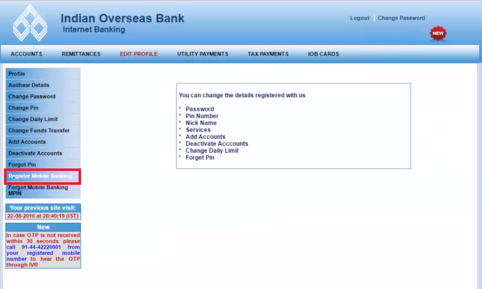2 - IOB Mobile Banking Registration by Netbanking