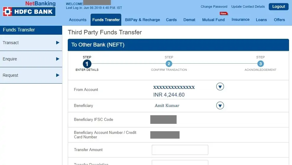 3-HDFC Netbanking Fund Transfer NEFT