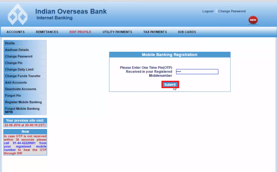 4 - IOB Mobile Banking Registration OTP