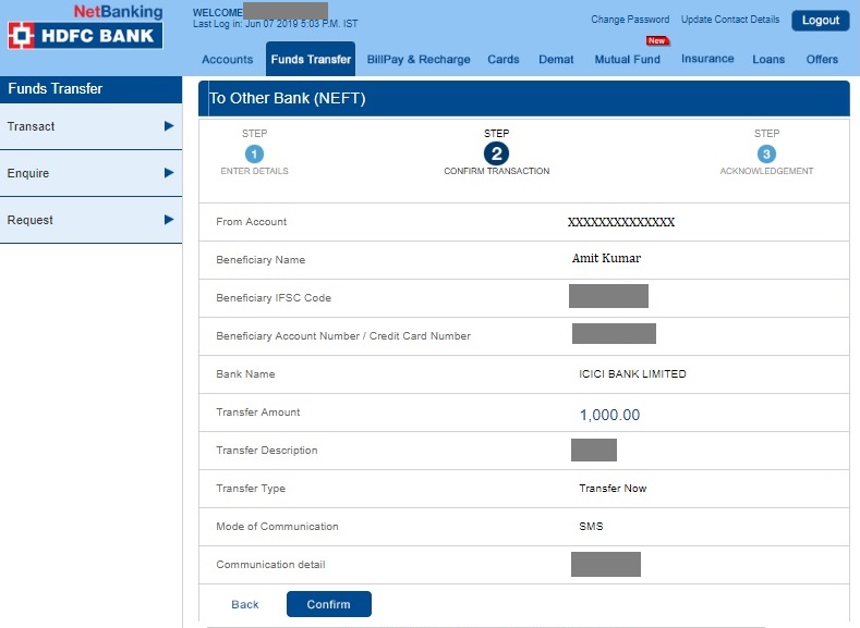 5-HDFC Netbanking Fund Transfer Confirm