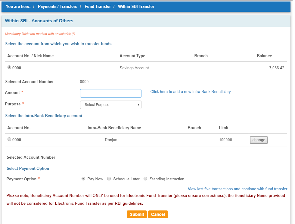 SBI Net Banking Fund transfer to SBI Account