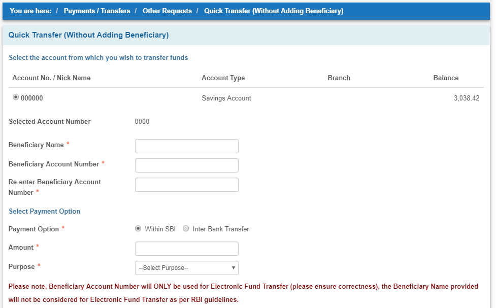 SBI Net Banking Quick Transfer