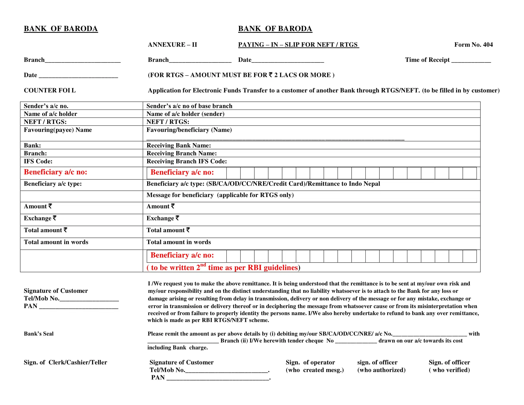 Bank of Baroda NEFT Form, RTGS Form