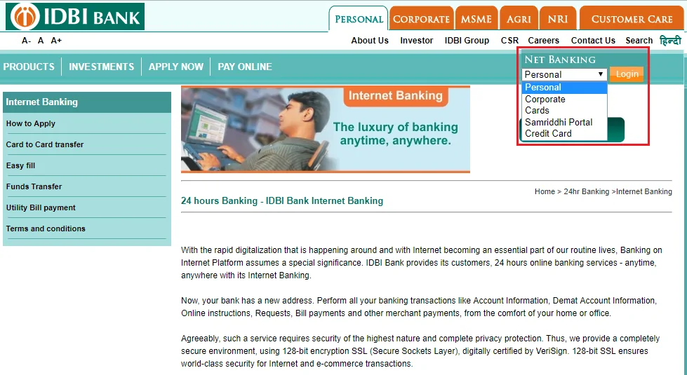 IDBI Bank Net banking login 1