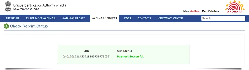 Aadhaar Reprint Status b