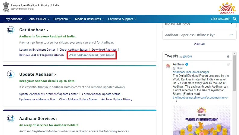 Aadhar Card Reprint Services online a
