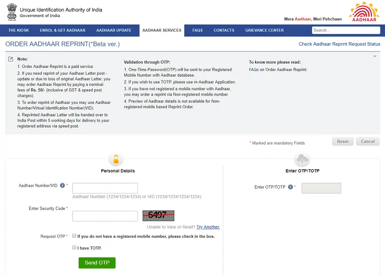 Aadhar Card Reprint Services online b