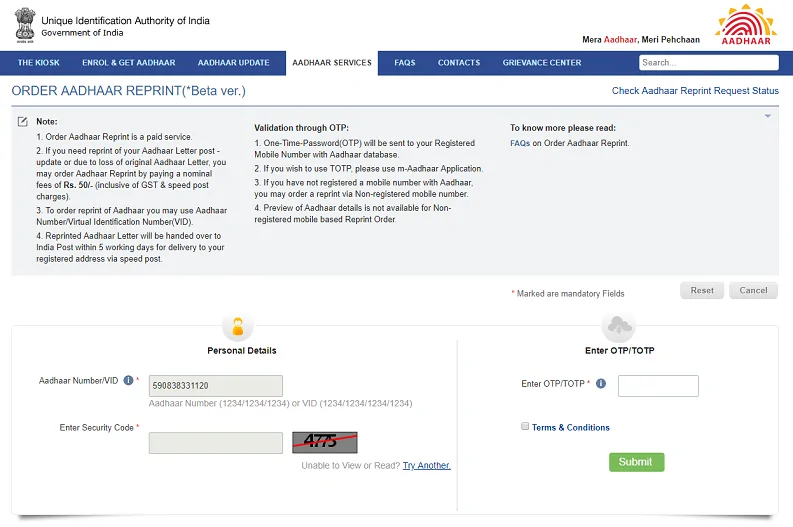 Aadhar Card Reprint Services online c