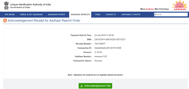 Aadhar Card Reprint Services online f
