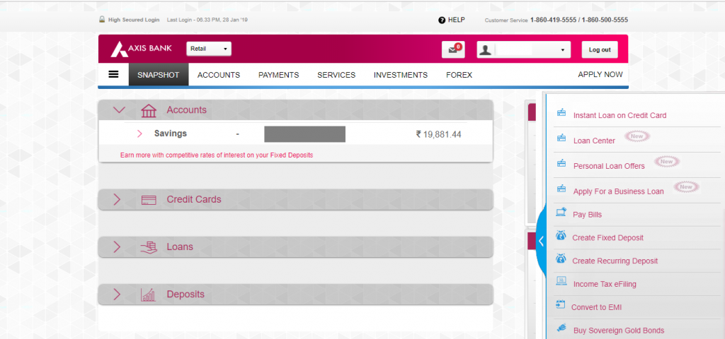 Axis Bank Balance Enquiry by net banking