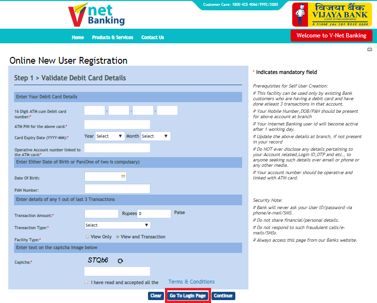 Vijaya Bank Net Banking Registration c