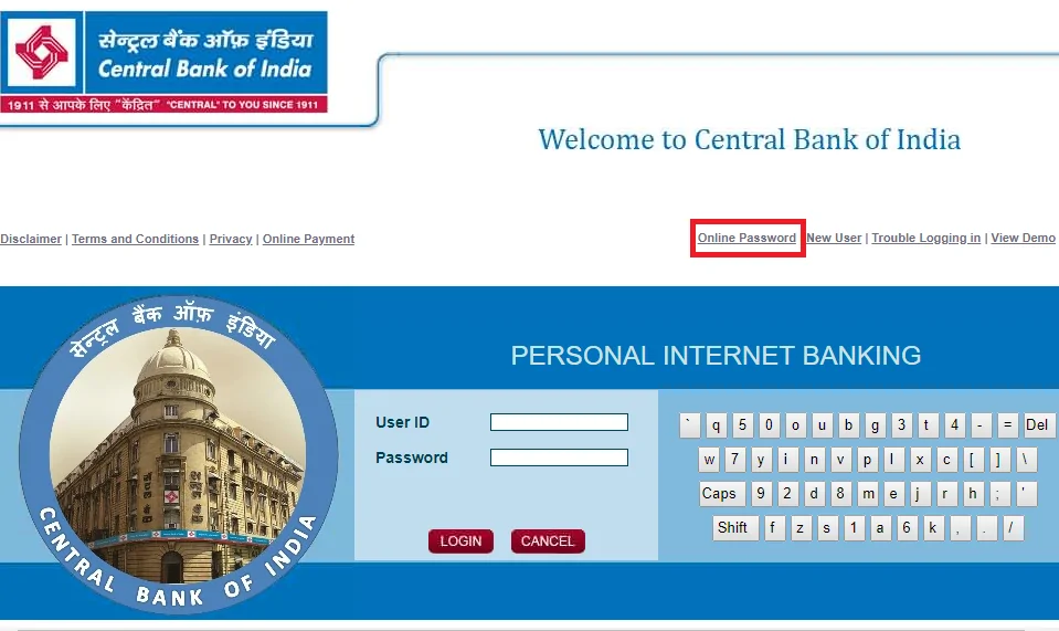 CBI Net Banking login password