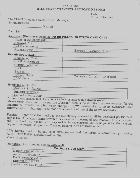 Syndicate RTGS Form