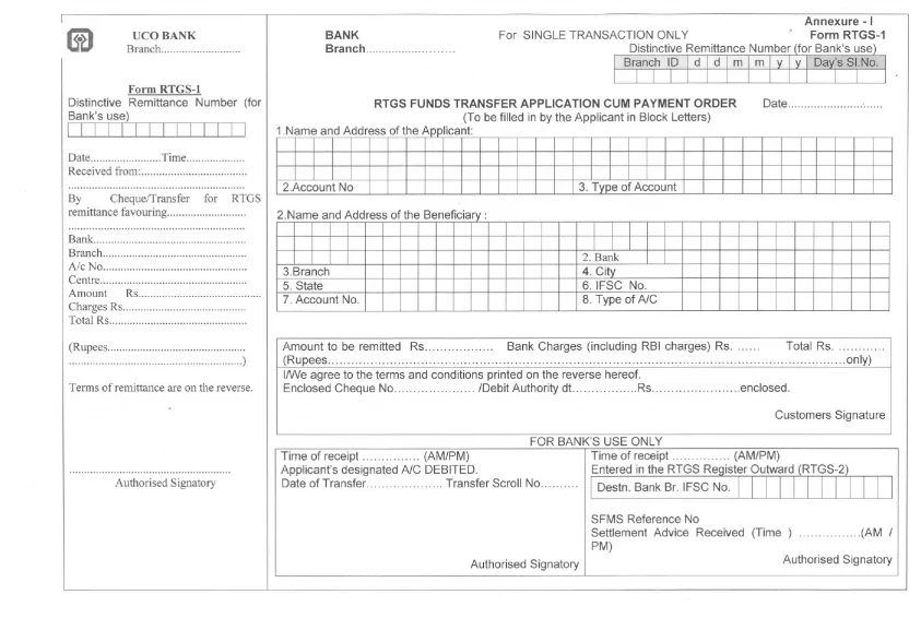 UCO Bank RTGS Form