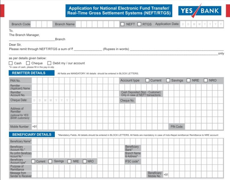 YES Bank RTGS Form RTGS Transfer by YES Bank
