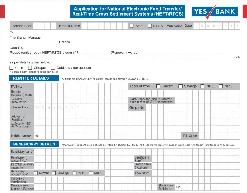 Yes Bank RTGS Form Fund Transfer