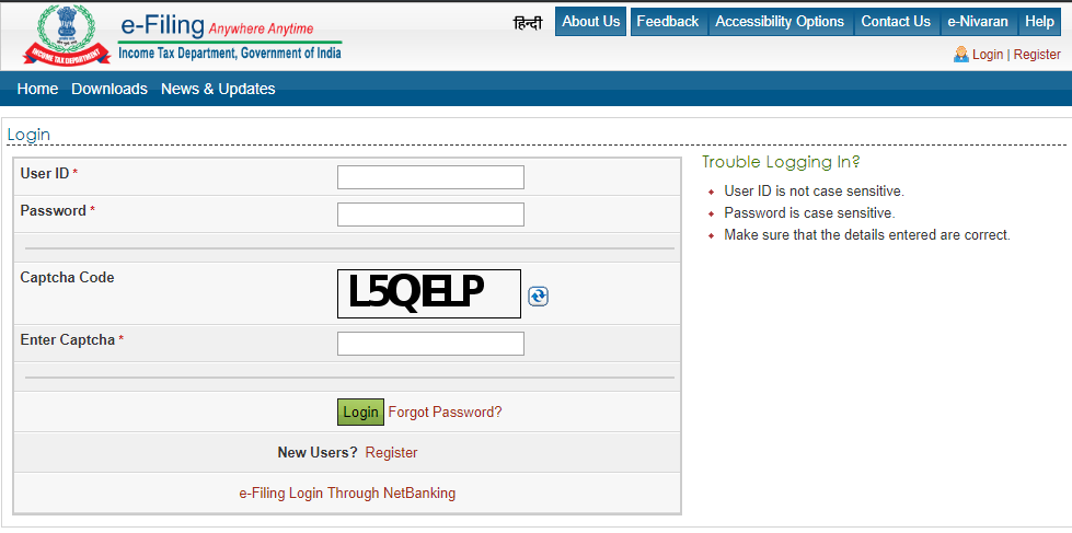 Income Tax Login Page