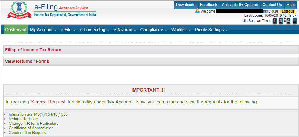 Income Tax department e-filing dashboard