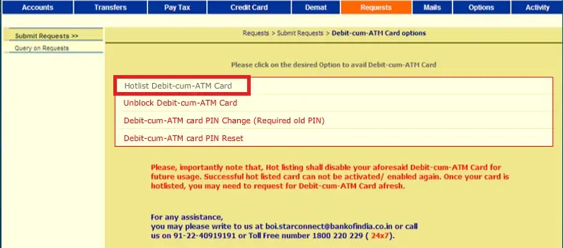 3 - Block Bank of India ATM Card by Netbanking
