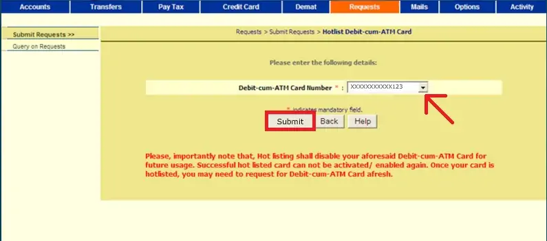 4 - Block Bank of India ATM Card by Netbanking