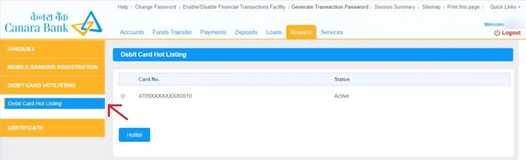 4-Canara Bank ATM Card Block - Netbanking Hotlisting