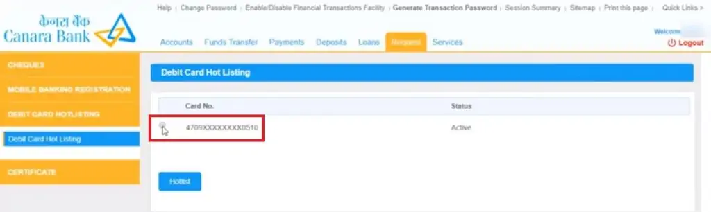 5-Canara Bank ATM Card Block - Select Card