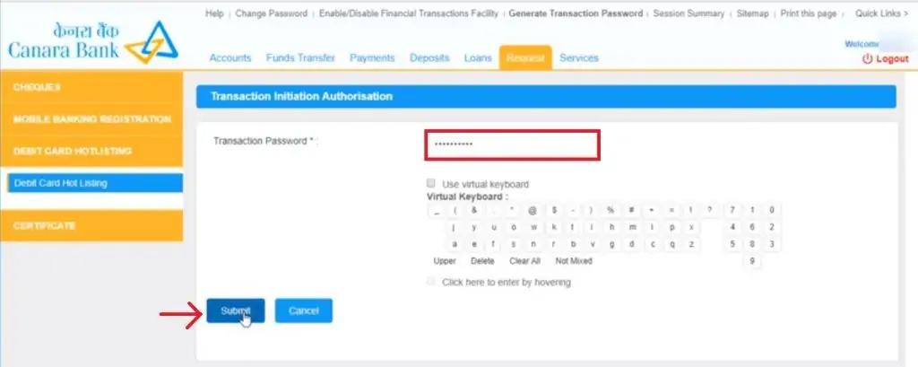 7-Canara Bank ATM Card Block - Transaction Password