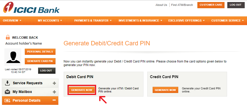 3 - Generate ICICI Debit Card PIN - Netbanking