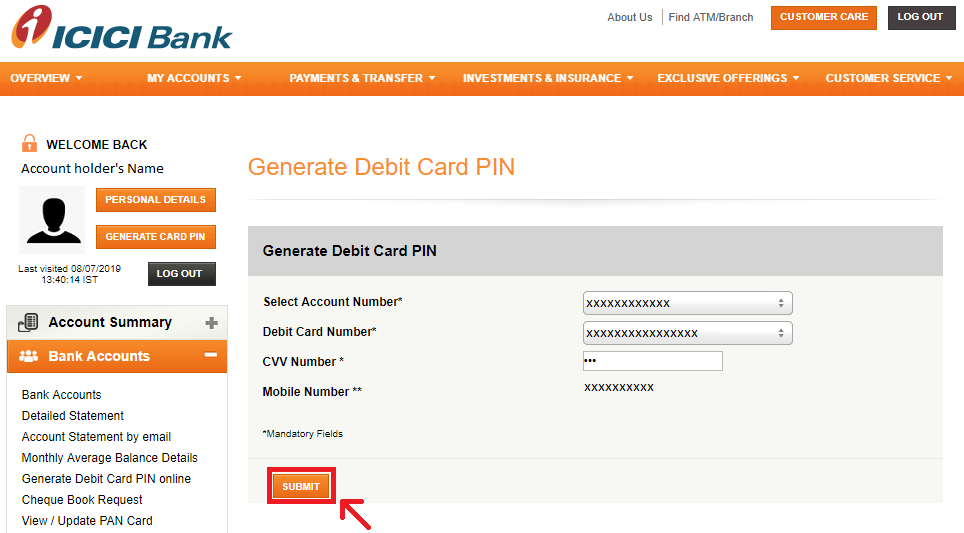 4 - Generate ICICI Debit Card PIN - Netbanking