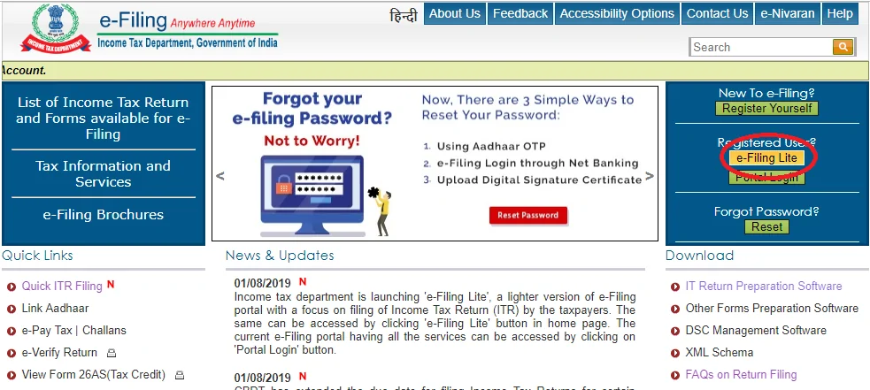 Efiling Lite ITR home page