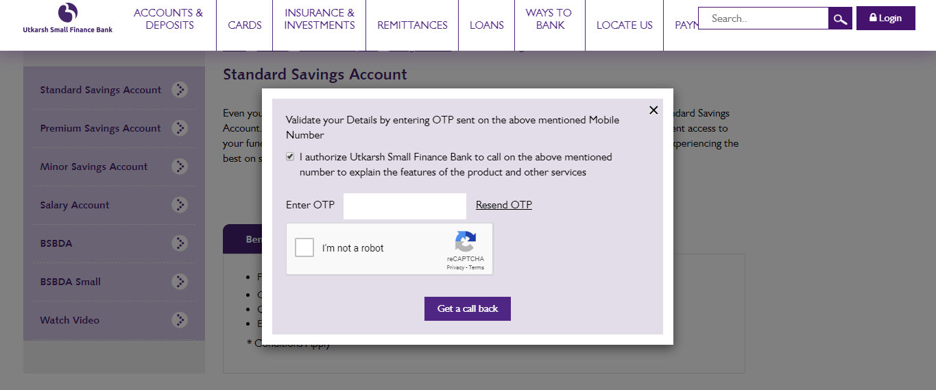 Utkarsh Small Finance Bank Savings Account Apply Online OTP