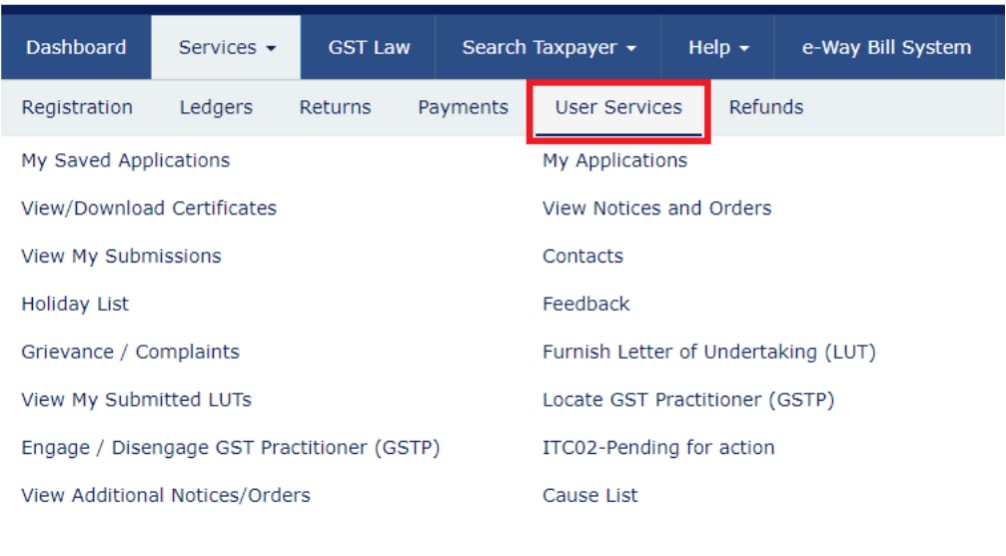 gst portal user services menu