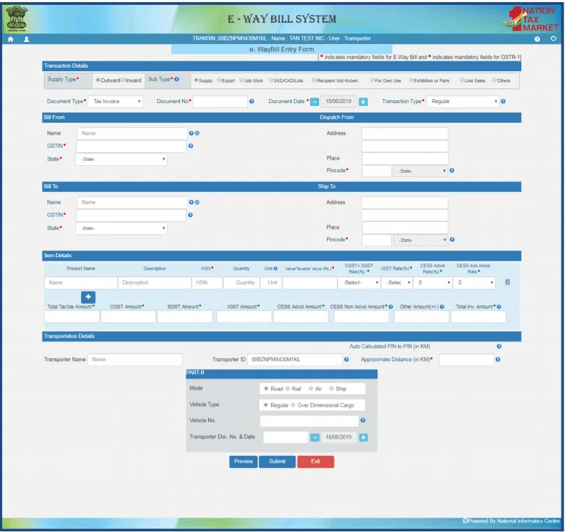 Generate new eWay Bill form