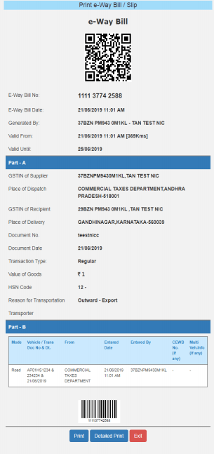 print e-Way bill sample/slip