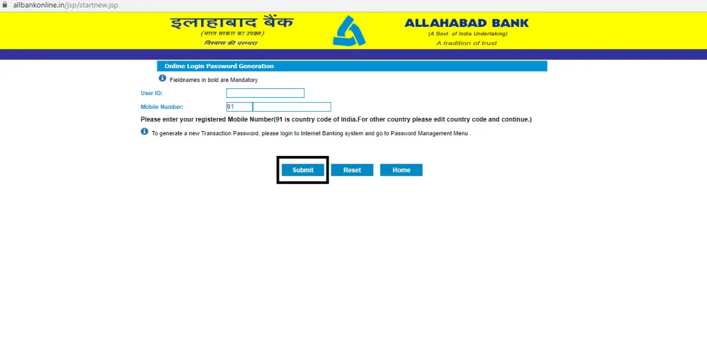 Generate Allahabad Bank netbanking login password